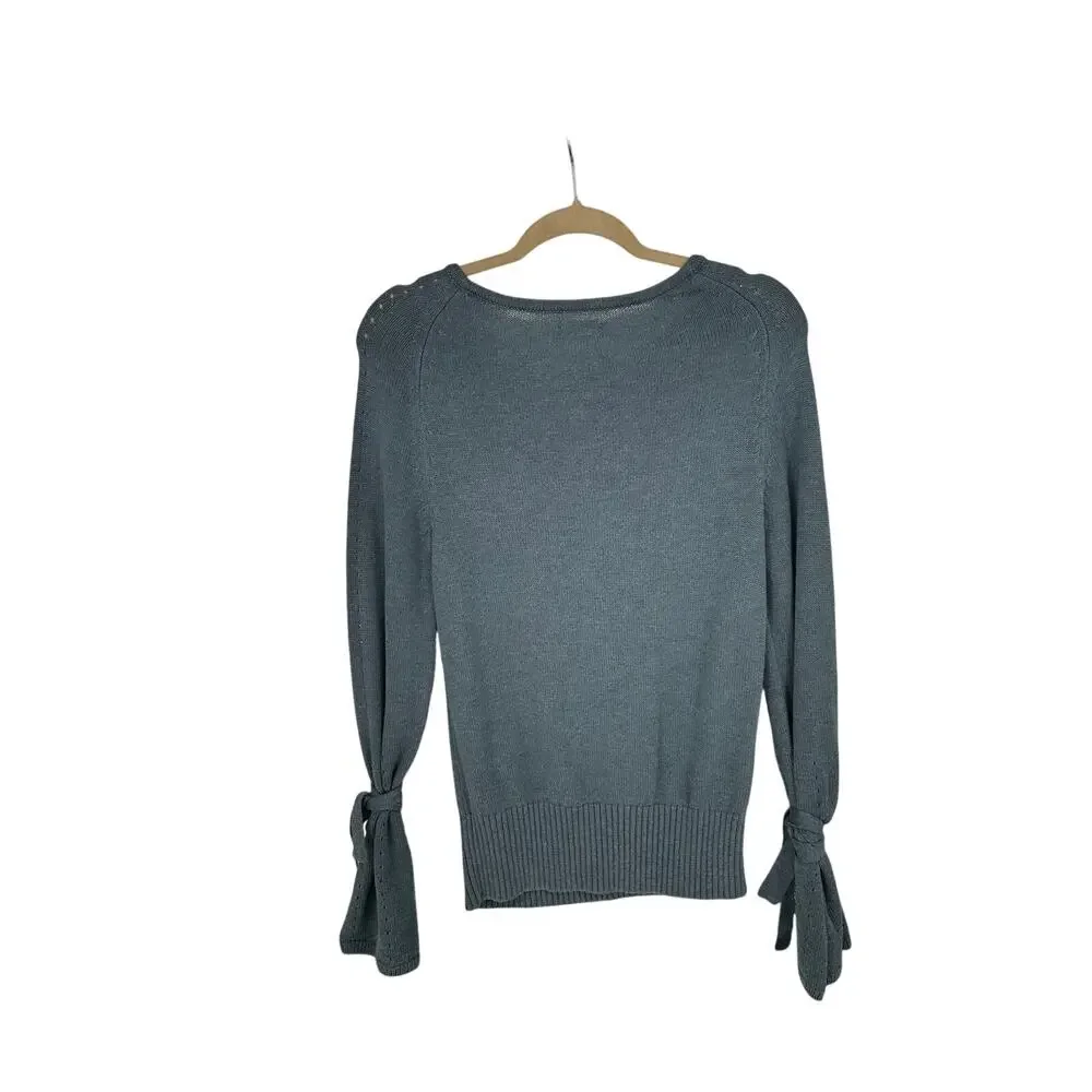 Sundance Light Blue Round Neck Sweater Tie Accent Cotton Merino Wool Women Small